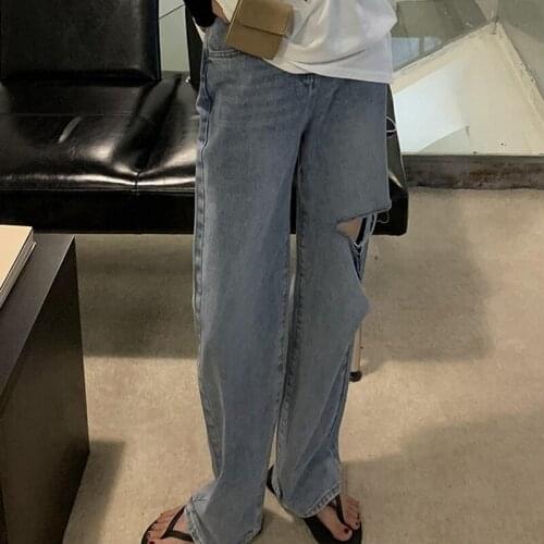 High Waist Solid Ripped Jeans Womens Fashion Retro Loose Trousers Woman Casual Slim Straight Wide Leg Pants Ladies Summer 2021