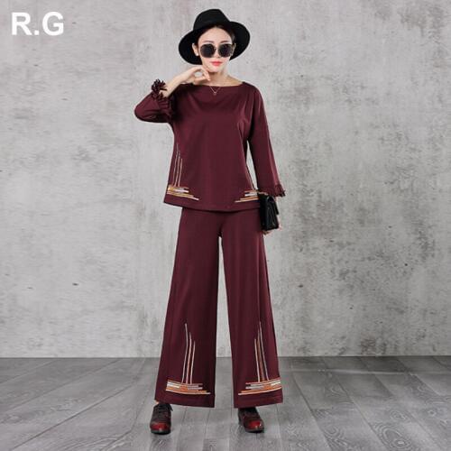 RG Vintage Brand Design Women Blouse Pants Suit Geometric Embroidery Jujube Red Wide Leg Pants 2 Piece Set Cotton Suits Autumn