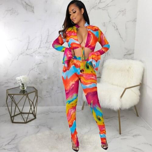 RMSFE 2021 Fashion Sexy Nightclub Long Sleeve Stand Collar Deep V Tie Short Clothes + Tight Color Print Pants Two Pieces Set