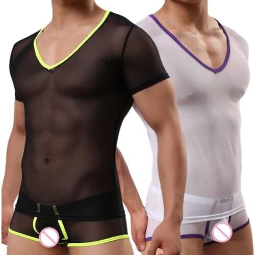 Sexy Men Undershirts Mesh Transparent V-neck Shorts Sleeve T-shirts+Boxer Shorts Underwear Summer Ultra-thin Fitness Sleepwear