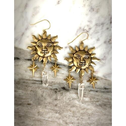 Celeste Moon, Sun, Stars, and Raw Quartz Earrings Sun Goddess Quartz Earrings Celestial Earrings // Statement Earrings