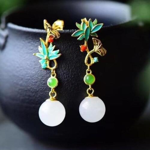 Antique Eardrops Hanfu Jade Earrings Sterling Silver Burnt Blue Earrings Female Long Retro Earrings Chinese Style Classical and