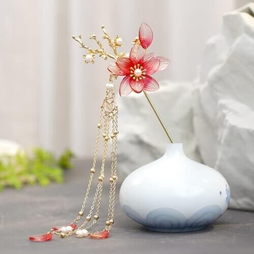 FORSEVEN Gold Color Red Flower Pearls Long Tassels Hair Sticks Hairpins Chinese Wedding Bridal Bride Hair Jewelry Headpieces