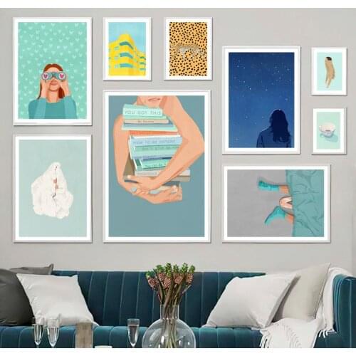 Nordic Poster Cheetah Starry Night Girl Coffee Book Quotes Abstract Wall Art Print Canvas Painting Decor Picture For Living Room