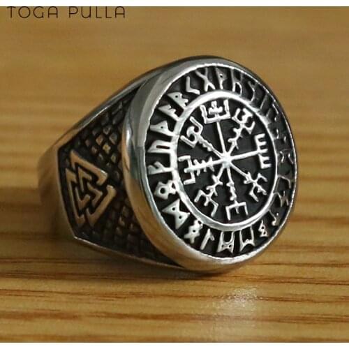 Mysterious Norse Aegishjalmur Ring Mens Nordic Triangle Symbol Valknut Ring Stainless Steel Viking Futhark Runes Jewelry