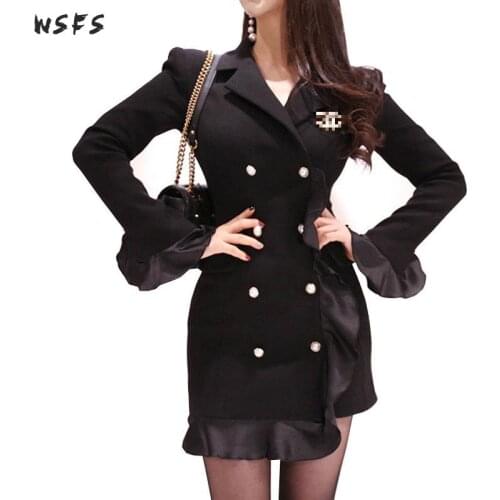 Spring Dresses Black Long Sleeve Double Breasted Dress Womens 2019 Elegant Sexy Party Office Ladies Mini Wrap Pencil Suit Dress