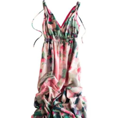 Women Elegant Beach Dresses dress Long V-neck Rose Pink Printed Style High Quality Clothing Free Shipping HOT Selling