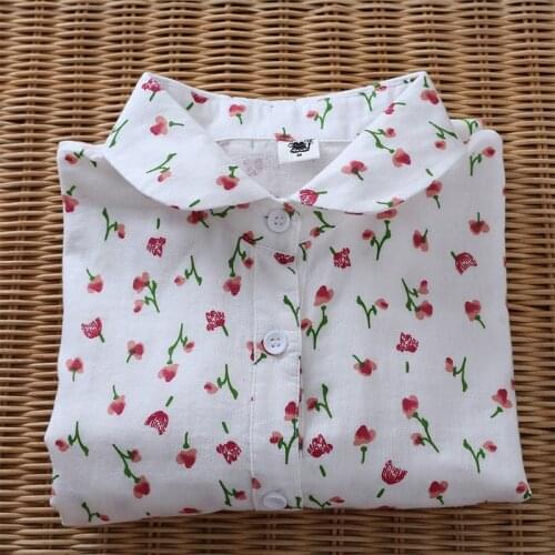 Japan Style Mori Girl Peter Pan Collar Floral Print Blouse Literary Cotton Long Sleeve Loose Shirt Women