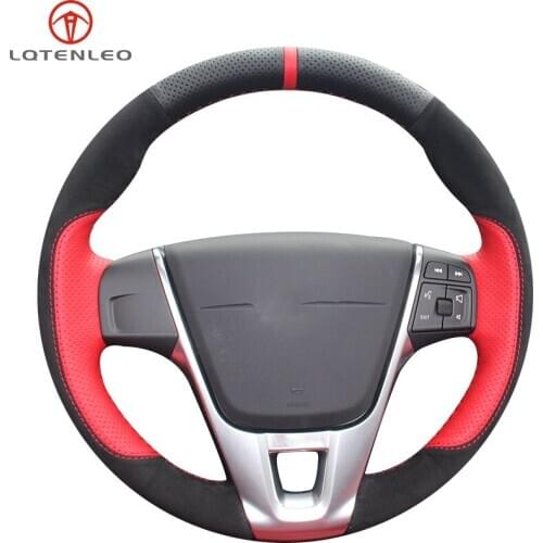 LQTENLEO Black Red Leather Black Suede Car Steering Wheel Cover For Volvo V70 S80 2012-2015 V40 S60 V60 2011-2019 XC60 XC70 2012