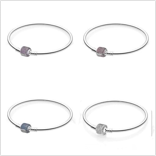 925 Sterling Silver Pave Barrel Clasp With Crystal Snake Chain Bracelet Bangle Fit Women Bead Charm Bracelets DIY Jewelry