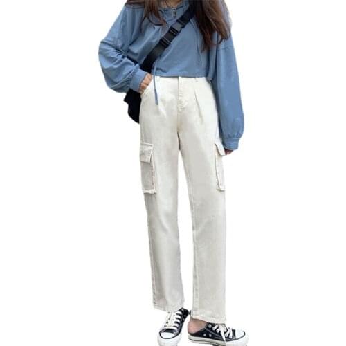 Jeans Ladies Spring-Autumn 2021 new High-waisted wide-leg pant straight overalls mulit-pocket Solid color Loose Womens Trousers