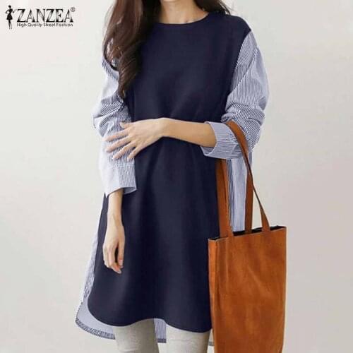 Elegant Autumn Tops Women Stiching Blouse ZANZEA 2021 Long Sleeve Striped Blusas Female Casual O Neck Tunic Oversized Chemise
