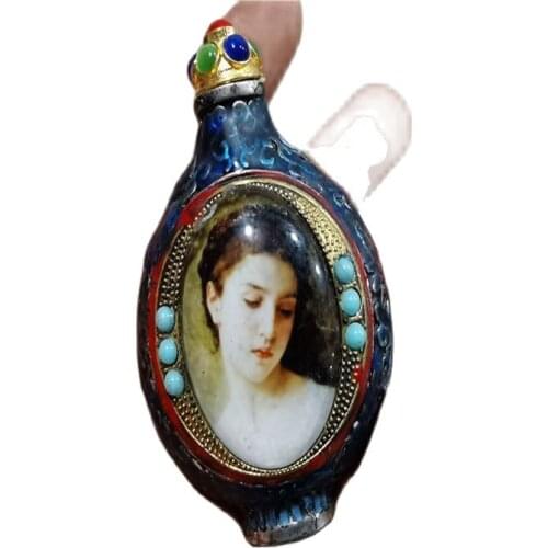 China Old Beijing used old snuff bottle Tibetan silver Inlaid Turquoise beauty snuff bottle