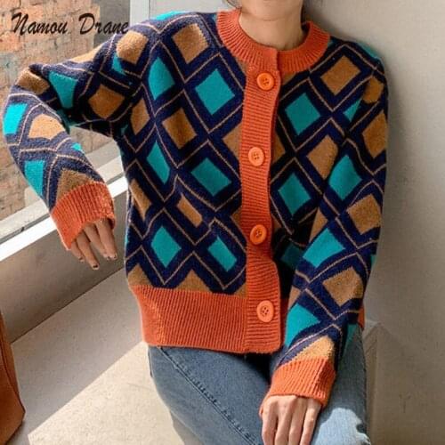 Namou Drane Contrast Sweater Cardigan Womens Spring European Station 2021 New Casual Short Western Rhomboid Sweater cardigan