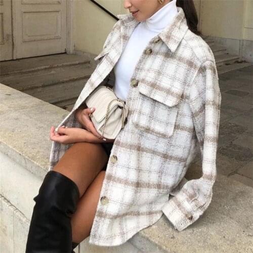 Women Fashion Elegant Girls Chic Pocket Tops Outerwear 2021 Oversize Tweed Plaid Jackets Autumn Ladies Soft Coats Streetwear Pop