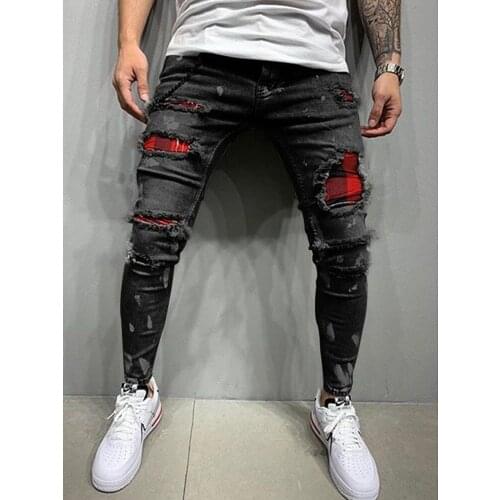 Mens Skinny Ripped Jeans Fashion Grid Beggar Patches Slim Fit Stretch Casual Denim Pencil Pants Painting Jogging Trousers Men