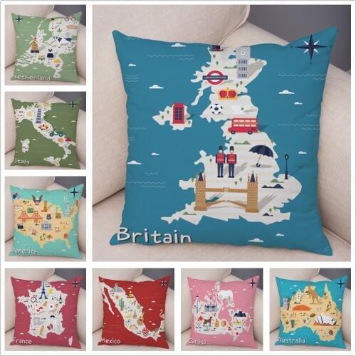 National Cartoon Italy France USA Map Cushion Cover Geometric Pillow Case for Sofa Car Home Decor Simple Plush Pillowcase