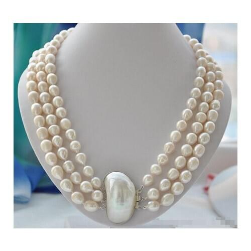NATURAL 3strands 10-12mm rice white Freshwater pearl necklace 23inch