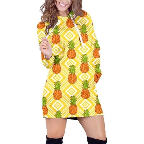 OGKB New Fashion Hoodies Dress Women Harajuku 3d Orange Pineapples Print Autumn Winter Sweatshirt Women Long Sleeve Hooded Dress