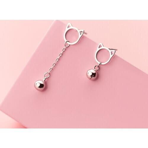100% Real 925 Sterling Silver Cute Cat with Bells Drop Earrings Hollow Kitten Cat Dangle Earrings for Women Girls
