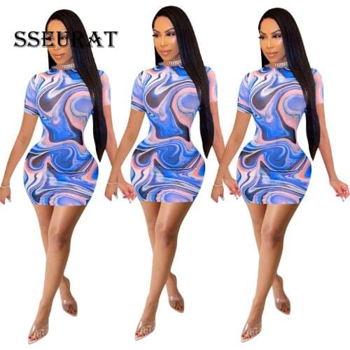 SSEURAT Skinny Elastic Mini Dress Women Print Short Sleeve O-neck Pullover Dresses Lady Fashion Street Outfit