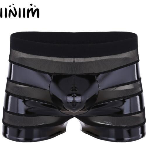 Iiniim Mens Lingerie Wetlook Faux Leather Mesh Patchwork Stripe Low Rise Boxer Shorts Underwear Underpants Sexy Panties for Men