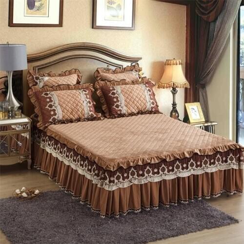 Thickened warm embossed crystal velvet Bedspread Fitted Sheet Pillowcases 2/3pcs Pure color Lace embroidery Princess Bedding