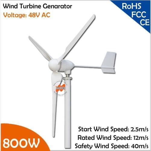 Max. 900W 2.5m/s start-up wind speed 2.2m wheel diameter 3 blades 800W 48V Wind Turbine Generator