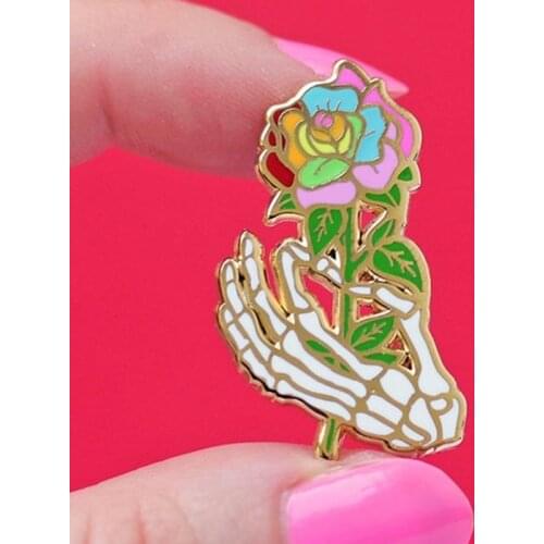 Skeletal Hand Holding a Rainbow Rose Flowers Enamel Brooch Pin Hat Bag Lapel Pins Badges Women Mens Fashion Jewelry Accessories