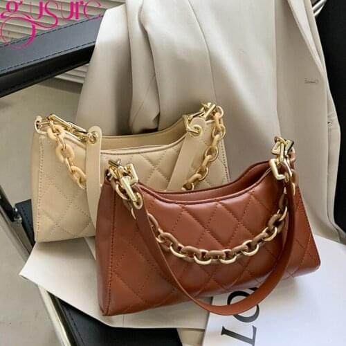 Gusure Vintage Baguette Womens Bag PU Leather Small Shoulder Bag Simple Solid Color Lady Handbag and Purse Designer Armpit Bag