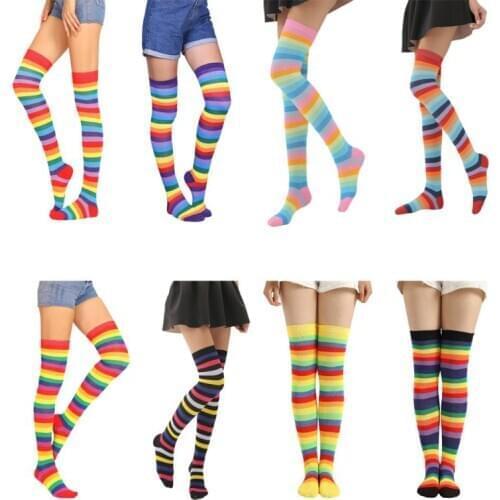 Women Girls Fancy Rainbow Colorful Stripes Over Knee Long Socks Halloween Cosplay Costume Knitted Stretchhy Thigh High Stockings