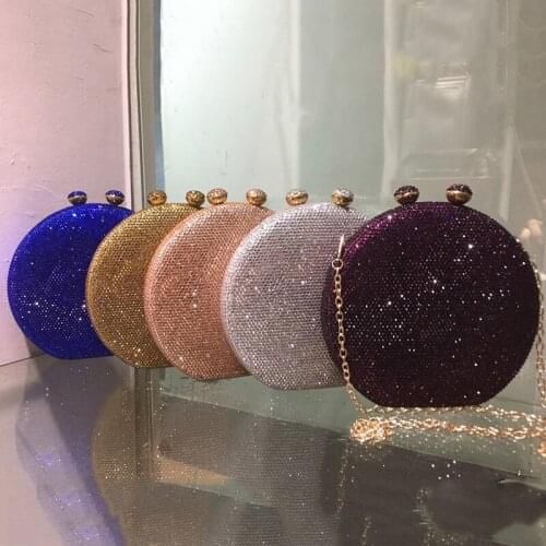 Circle Shape Blue/Gold/Champagne/Purple Women Clutch Crystal Diamond Ladies Phone Case Bag Fashion Female Party Prom Purses