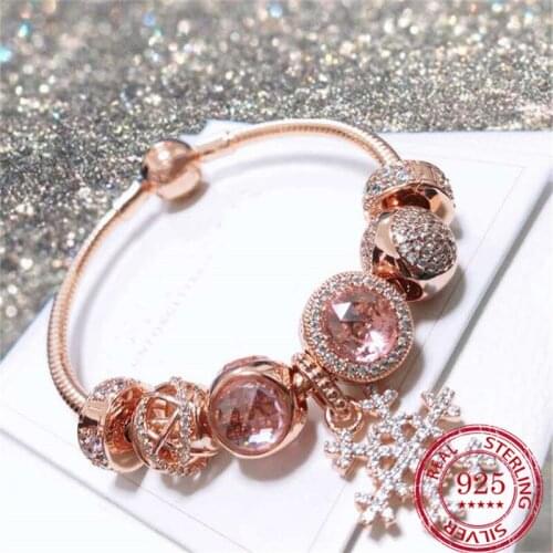925 Sterling Silver Bracelet Rose Gold 18k Gold Pink Cat Eye Snowflake Hanging Fixed Button Pendant Snake Bone Chain Set Female