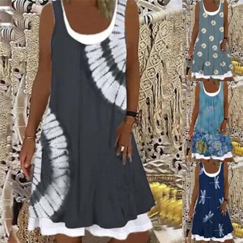 Summer Women Tank Dress Retro Denim Style Loose Dresses Casual Sleeveless Floral Print Splice O Neck Mini Dress