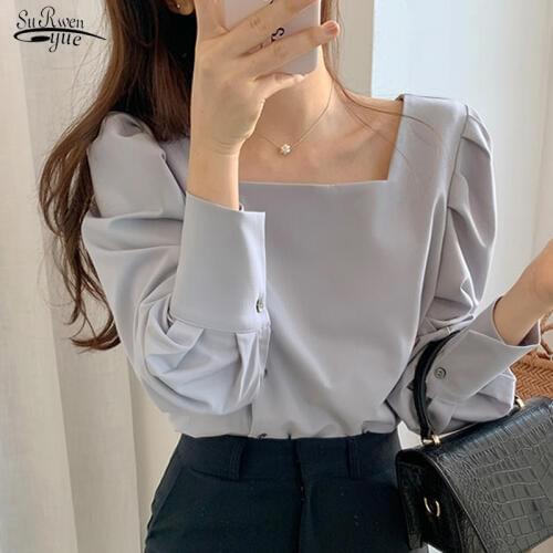2021 Square Collar Lantern Sleeves Solid Blouse Women Casual Button Loose Office Lady Women Shirts Blusas Mujer De Moda 8746 50