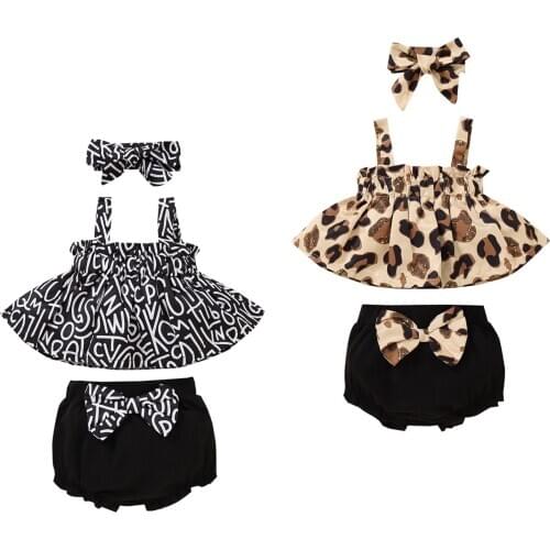 2021 Summer 0-12M Infant Baby Girl 3Pcs Set Leopard/Letters Print Spaghetti Straps Sleeveless Top+Bow Shorts+Headband Wholesale