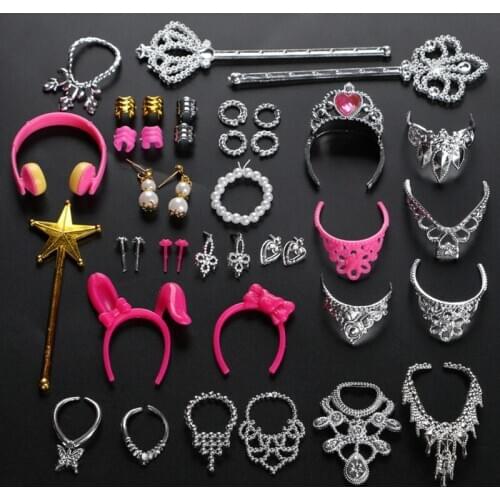 38pcs/Set Barbi Doll Accessories Simulation Jewelry Necklace Crown Earrings Pink Hanger Mirror Comb For Barbi Doll Toys