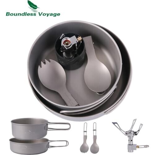 Boundless Voyage Titanium Pot Pan Spoon Spork Stove Set Camping Cooking Burning Set Mini Outdoor Hiking Cookware Set