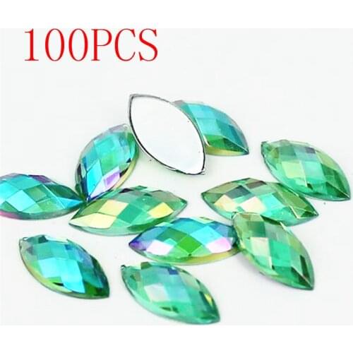 Hot Sale 100Pieces Flat Back Marquise Earth Facets Crystal green AB Acrylic Horse eye Shape Rhinestone nail Decorate Nail art