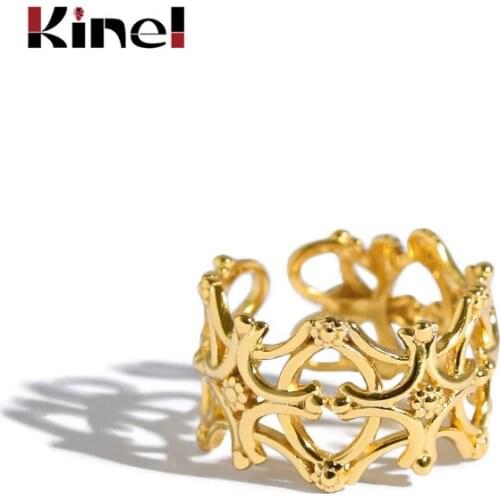 Kinel Authentic 100% 925 Sterling Silver Retro Rome Pattern Adjustable Rings for Women Wedding 18K Gold Jewelry