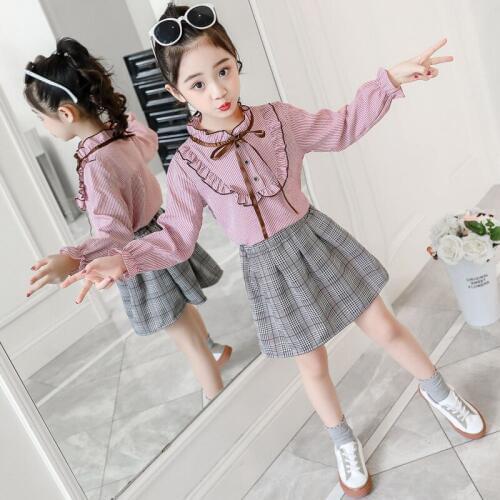Girls' Clothes Sets Coat + Lattice Skirt 2 Pc Sets New Suit Foreign Gas Childrens Skirt Set Spring and Autumn 3-12 Ages
