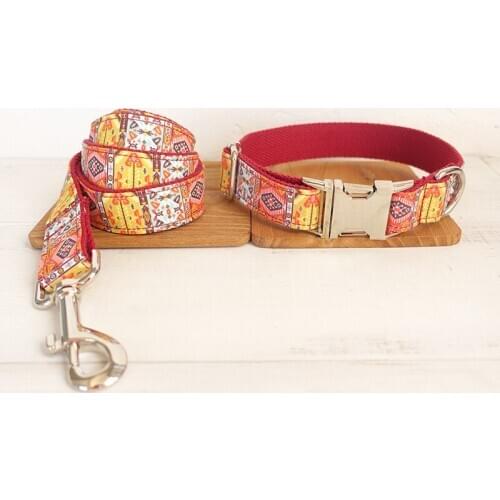 Red Bohemian Pet Dog Collar Leash Set for Small Medium Large Dogs, Dog Collar Lead Breakaway Collars for Dog puppy Pet