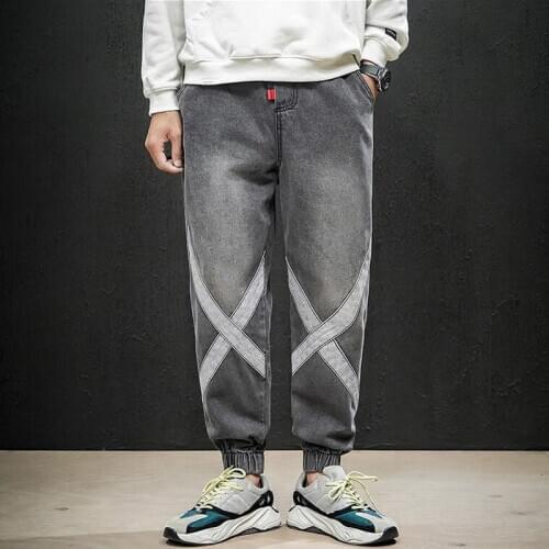 Personality X pattern cowboy jeans mens fashion pants loose weight large yard harem pants relaxed light-colored High-end qualit