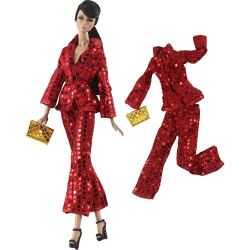 NK 1 Set Fashion Doll Clothes For Barbie Doll Super Model Outfits Red Coat_+ Trouseres +Bag For 1/6 Dolls Accessories Kids Toys