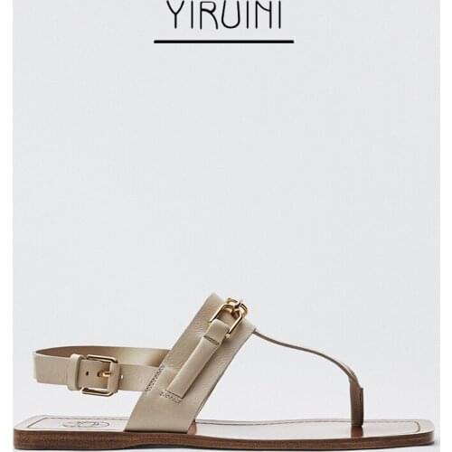 2021 Summer New Md Womens Genuine Leather Sandals Cowhide Word Buckle Flat Casual Sandals Beach Shoes