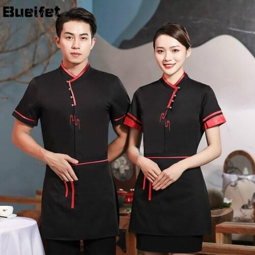 Hotel Waiter Overalls Short-Sleeved Chinese-Style Catering Western Restaurant Hot Pot Waiter Uniform Food Server Work Tops