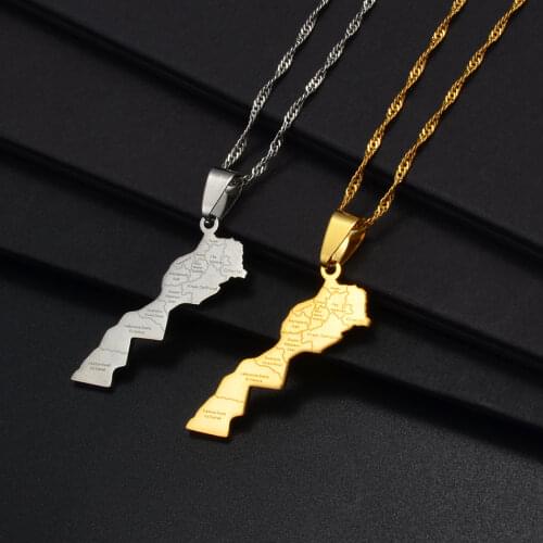 Anniyo Maroc Map & Cities Name Pendant Necklace Gold Color Jewelry for Women Men Morocco Map #236721