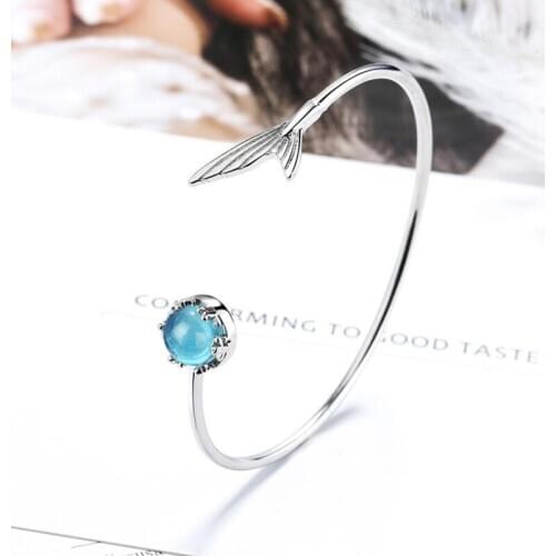 Popular Blue Crystal Teardrop Mermaid Tail Bangle For Girl Jewelry 925 Silver Bangles Women Party Accessories Anniversary Gift