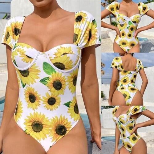 Sexy Floral Push Up One Piece Swimsuit Women Swimwear Female Flower Short Sleeve Padded Bathing Suit Swim