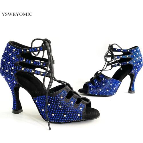 Salsa Bachata Latin Dance Shoes For Dancing Women Soft Social Sexy Blue Rhinestones High Heel Summer Dance Sandal Dance Shoes